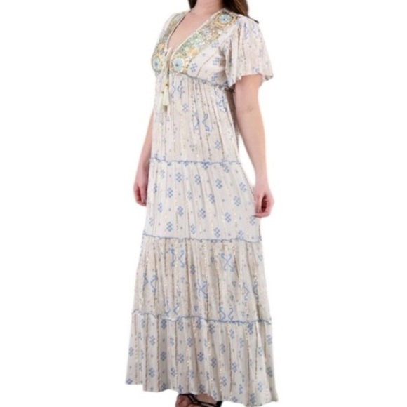 Boho Blue Gold Orange Metallic Sequin V Neck Tassel Made in India Tiered Dress - Picture 2 of 8